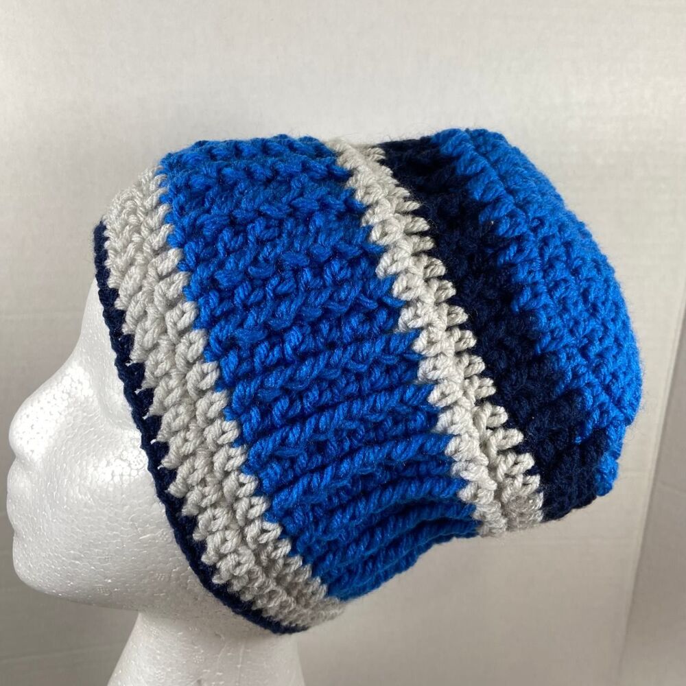 Unbranded Blue Gray Navy Striped Hand Knit Winter Beanie Hat Ear Flaps